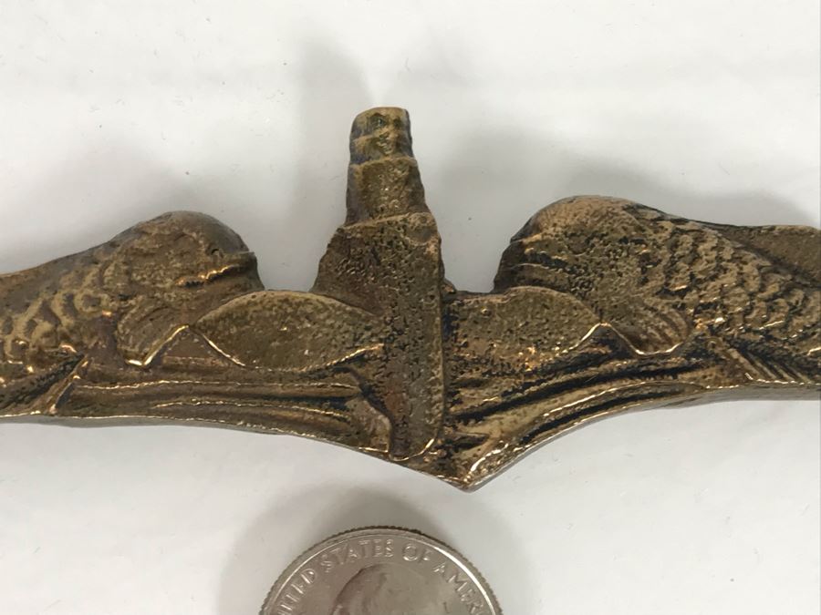 Vintage USN Brass Officer's Submarine Dolphins Wall Plaque 5.5W X 1.5H (USNE) [Photo 3]