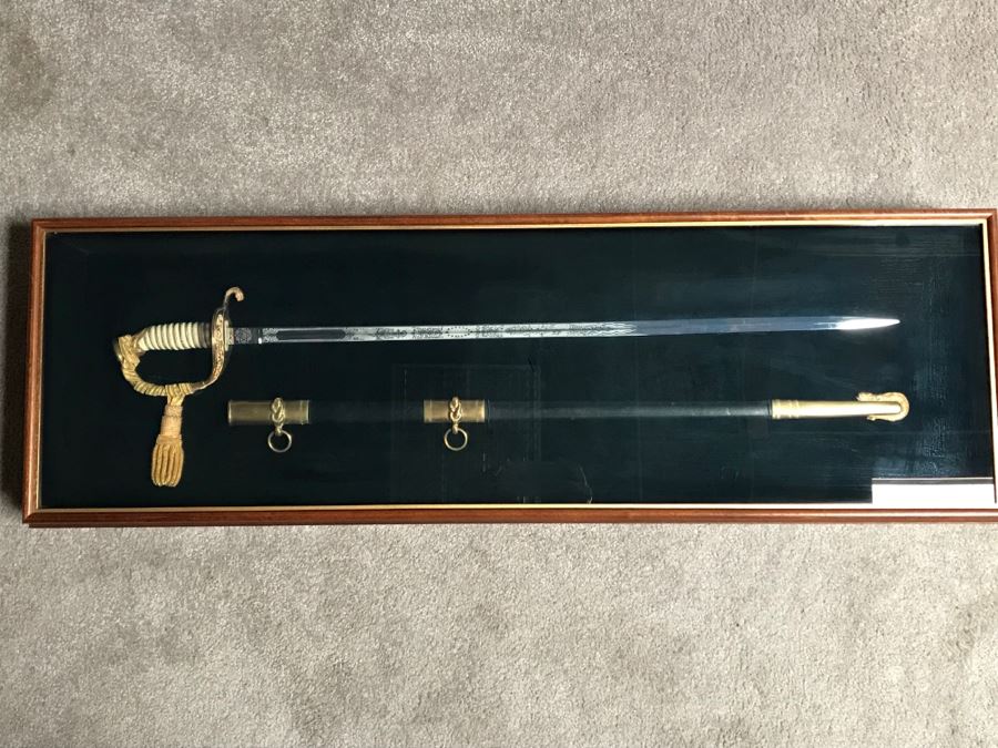 Framed U.S. Navy Captain Joseph J. Meyer Jr.'s Ceremonial Sword And Scabbard Circa 1953 Commanding Officer Of Submarine USS Barbel In Modern Shadowbox Frame With Gilt Trim 41W X 13H X 4.5D [Photo 22]