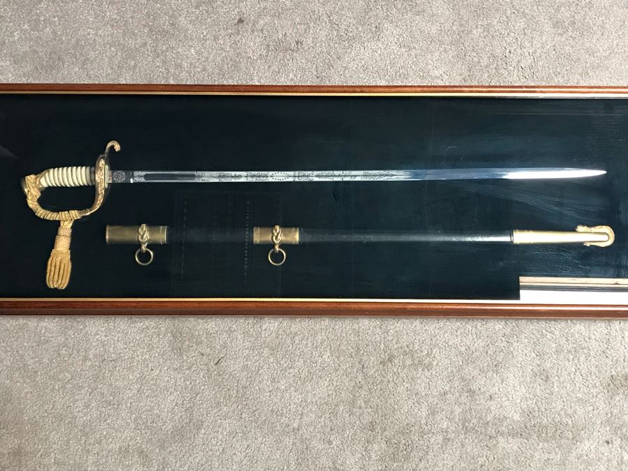 Framed U.S. Navy Captain Joseph J. Meyer Jr.'s Ceremonial Sword And Scabbard Circa 1953 Commanding Officer Of Submarine USS Barbel In Modern Shadowbox Frame With Gilt Trim 41W X 13H X 4.5D [Photo 15]