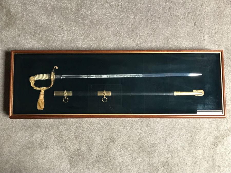 Framed U.S. Navy Captain Joseph J. Meyer Jr.'s Ceremonial Sword And Scabbard Circa 1953 Commanding Officer Of Submarine USS Barbel In Modern Shadowbox Frame With Gilt Trim 41W X 13H X 4.5D [Photo 21]