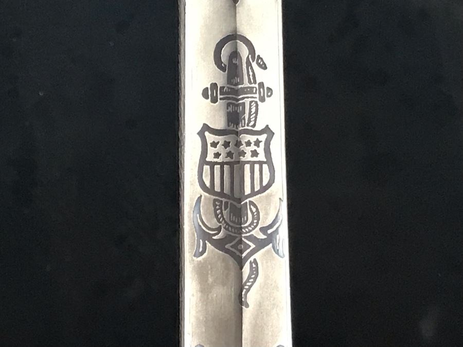 Framed U.S. Navy Captain Joseph J. Meyer Jr.'s Ceremonial Sword And Scabbard Circa 1953 Commanding Officer Of Submarine USS Barbel In Modern Shadowbox Frame With Gilt Trim 41W X 13H X 4.5D [Photo 4]