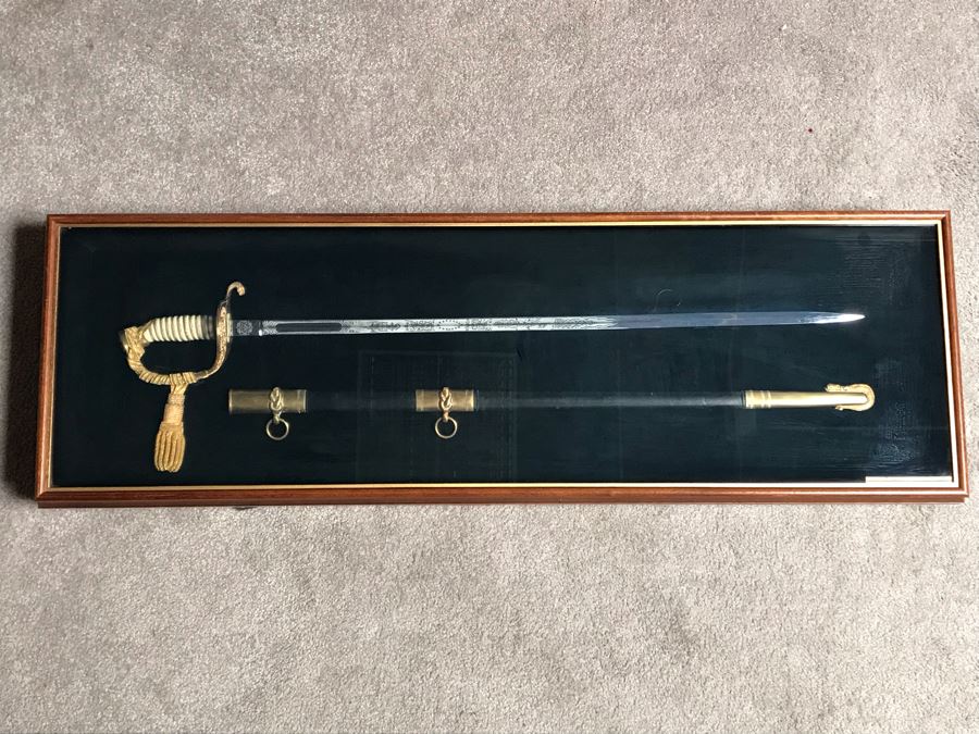 Framed U.S. Navy Captain Joseph J. Meyer Jr.'s Ceremonial Sword And Scabbard Circa 1953 Commanding Officer Of Submarine USS Barbel In Modern Shadowbox Frame With Gilt Trim 41W X 13H X 4.5D [Photo 16]
