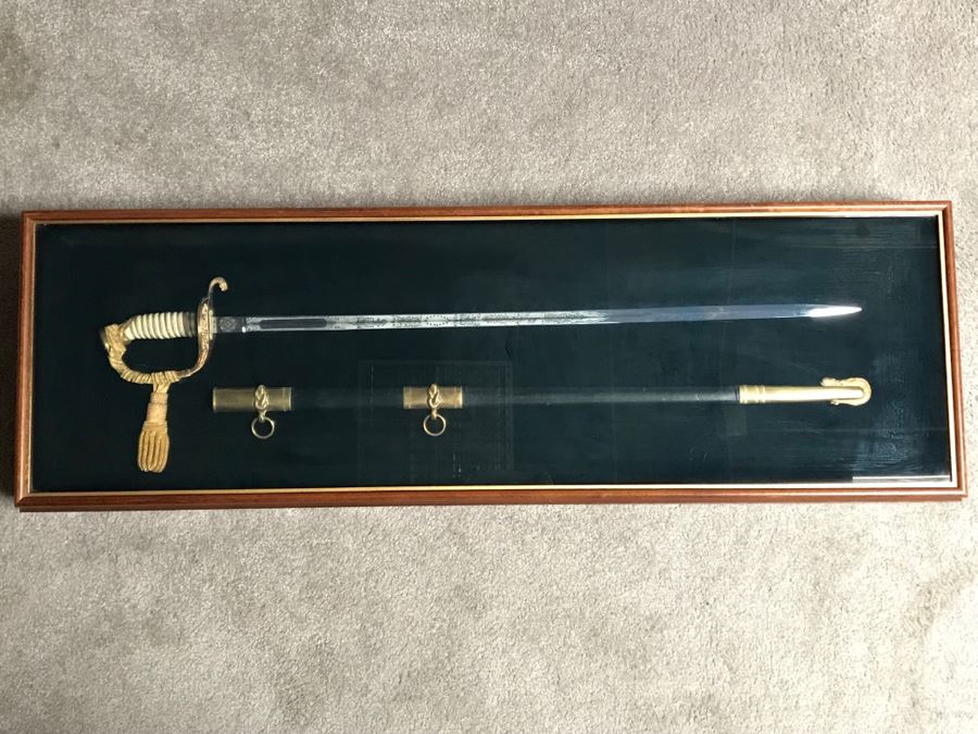 Framed U.S. Navy Captain Joseph J. Meyer Jr.'s Ceremonial Sword And Scabbard Circa 1953 Commanding Officer Of Submarine USS Barbel In Modern Shadowbox Frame With Gilt Trim 41W X 13H X 4.5D [Photo 19]