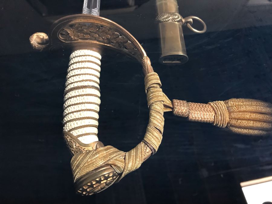 Framed U.S. Navy Captain Joseph J. Meyer Jr.'s Ceremonial Sword And Scabbard Circa 1953 Commanding Officer Of Submarine USS Barbel In Modern Shadowbox Frame With Gilt Trim 41W X 13H X 4.5D [Photo 6]