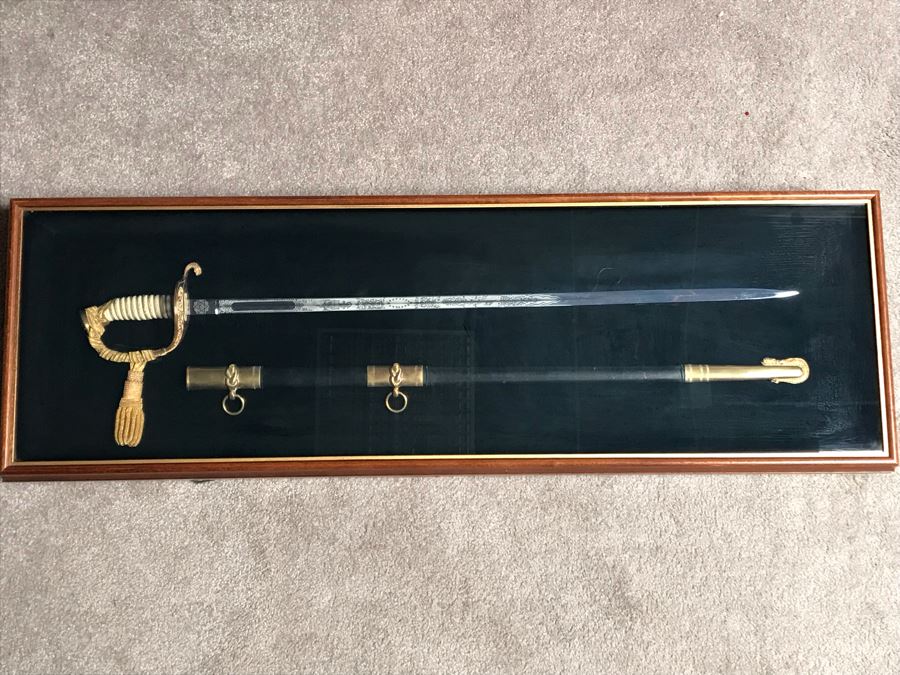 Framed U.S. Navy Captain Joseph J. Meyer Jr.'s Ceremonial Sword And Scabbard Circa 1953 Commanding Officer Of Submarine USS Barbel In Modern Shadowbox Frame With Gilt Trim 41W X 13H X 4.5D [Photo 17]