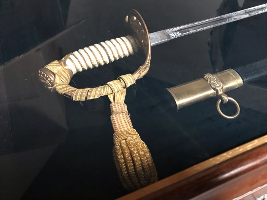Framed U.S. Navy Captain Joseph J. Meyer Jr.'s Ceremonial Sword And Scabbard Circa 1953 Commanding Officer Of Submarine USS Barbel In Modern Shadowbox Frame With Gilt Trim 41W X 13H X 4.5D [Photo 11]