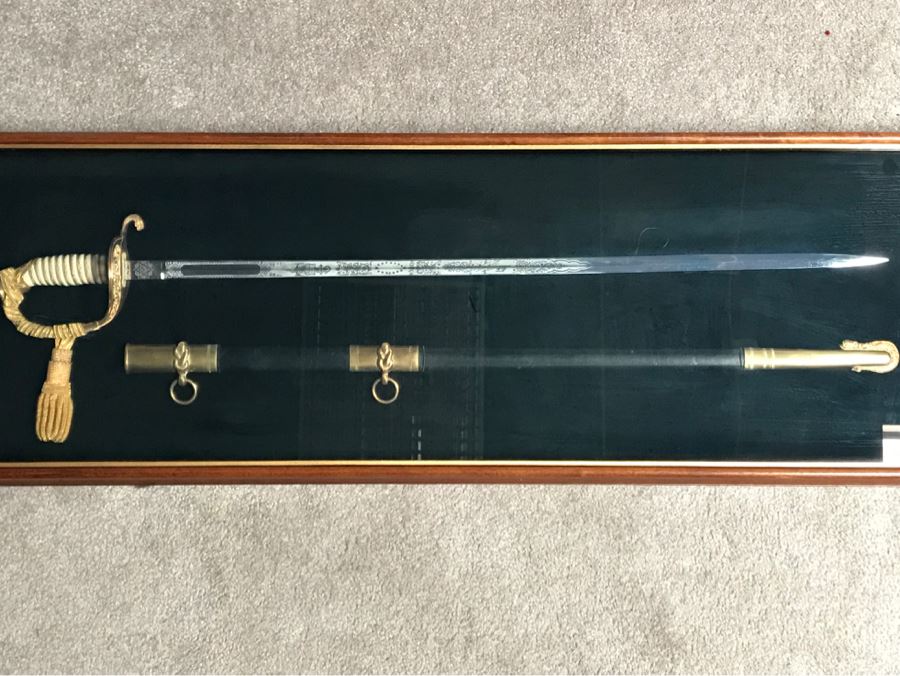 Framed U.S. Navy Captain Joseph J. Meyer Jr.'s Ceremonial Sword And Scabbard Circa 1953 Commanding Officer Of Submarine USS Barbel In Modern Shadowbox Frame With Gilt Trim 41W X 13H X 4.5D [Photo 18]