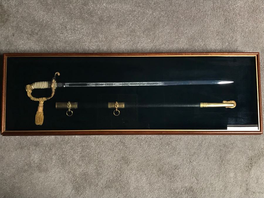 Framed U.S. Navy Captain Joseph J. Meyer Jr.'s Ceremonial Sword And Scabbard Circa 1953 Commanding Officer Of Submarine USS Barbel In Modern Shadowbox Frame With Gilt Trim 41W X 13H X 4.5D [Photo 20]