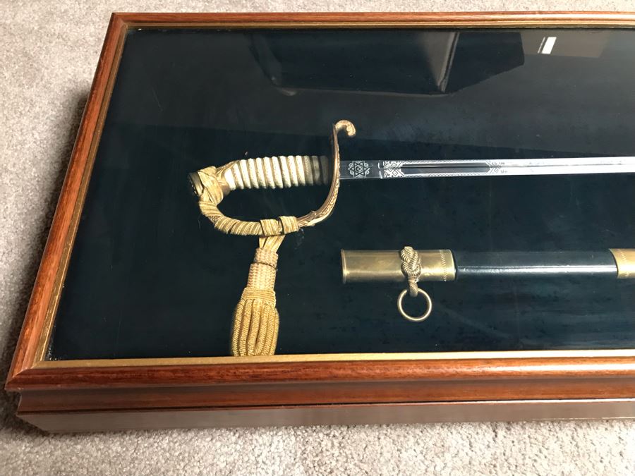 Framed U.S. Navy Captain Joseph J. Meyer Jr.'s Ceremonial Sword And Scabbard Circa 1953 Commanding Officer Of Submarine USS Barbel In Modern Shadowbox Frame With Gilt Trim 41W X 13H X 4.5D [Photo 14]
