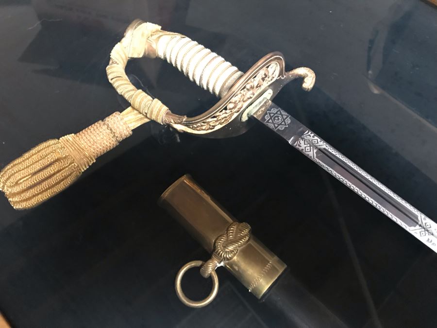Framed U.S. Navy Captain Joseph J. Meyer Jr.'s Ceremonial Sword And Scabbard Circa 1953 Commanding Officer Of Submarine USS Barbel In Modern Shadowbox Frame With Gilt Trim 41W X 13H X 4.5D [Photo 13]