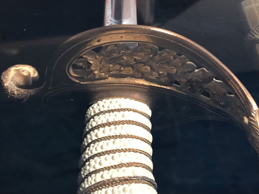 Framed U.S. Navy Captain Joseph J. Meyer Jr.'s Ceremonial Sword And Scabbard Circa 1953 Commanding Officer Of Submarine USS Barbel In Modern Shadowbox Frame With Gilt Trim 41W X 13H X 4.5D [Photo 8]