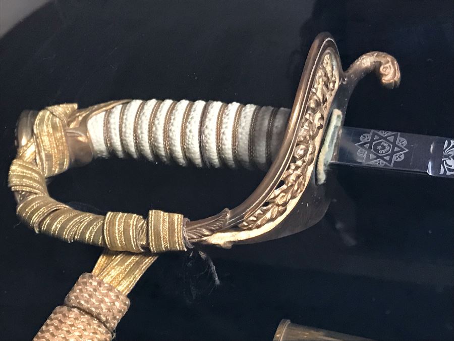 Framed U.S. Navy Captain Joseph J. Meyer Jr.'s Ceremonial Sword And Scabbard Circa 1953 Commanding Officer Of Submarine USS Barbel In Modern Shadowbox Frame With Gilt Trim 41W X 13H X 4.5D [Photo 2]