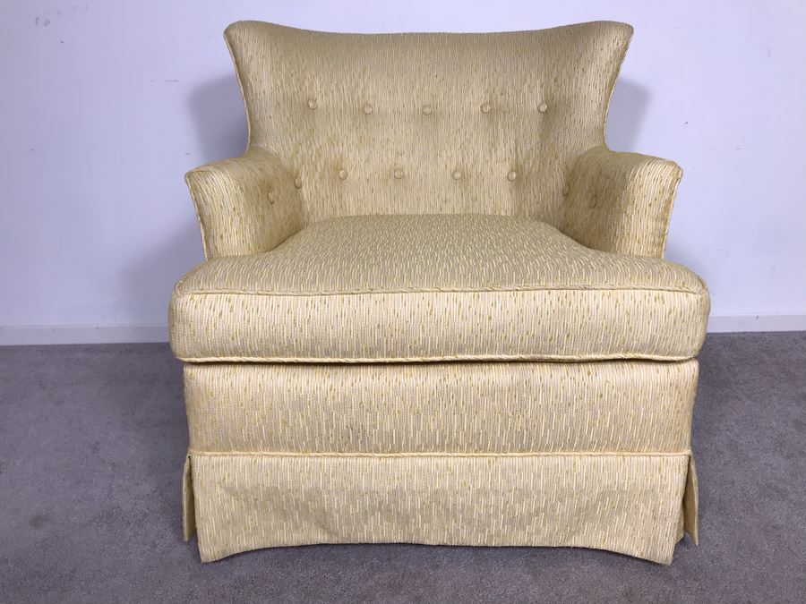 Newly Reupholstered Mid-Century Modern Tufted Armchair With Yellowish Gold Fabric (USNE) [Photo 2]