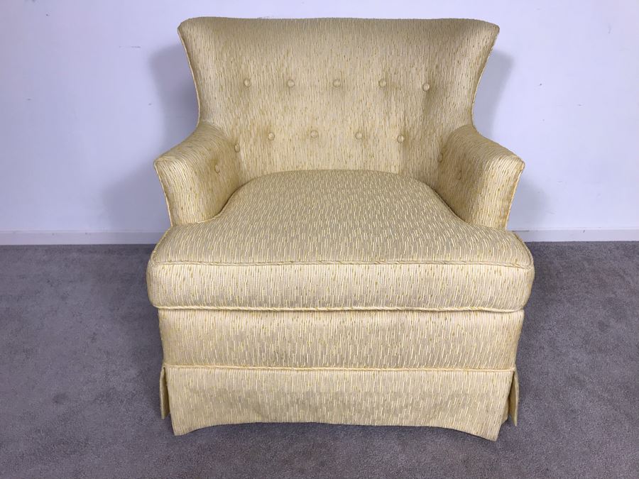 Newly Reupholstered Mid-Century Modern Tufted Armchair With Yellowish Gold Fabric (USNE) [Photo 3]