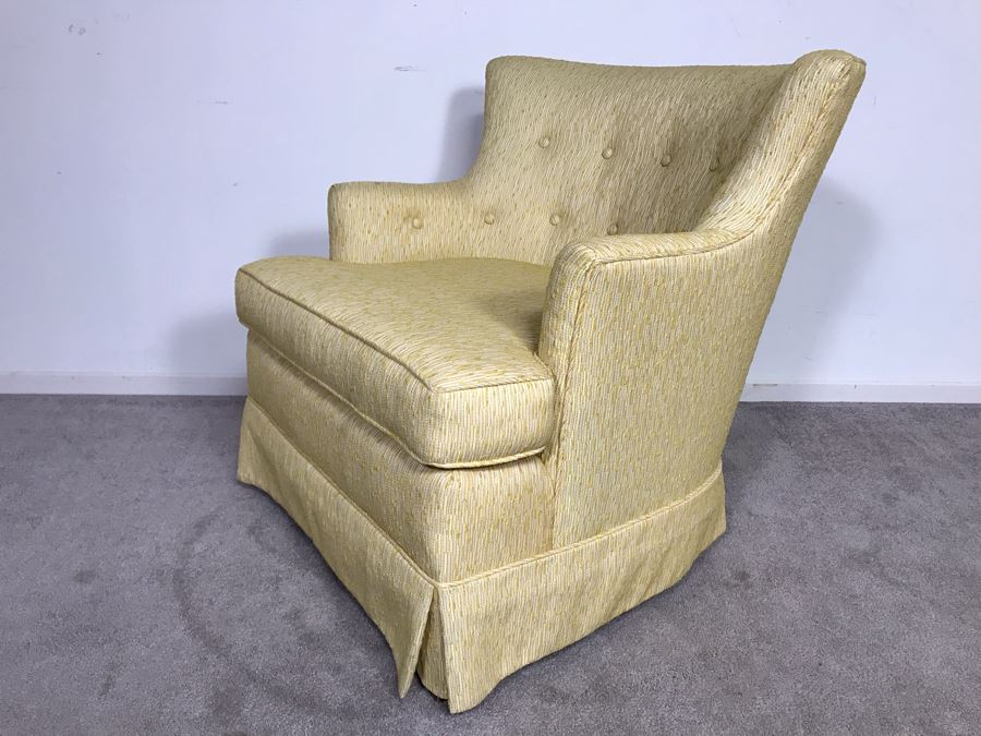 Newly Reupholstered Mid-Century Modern Tufted Armchair With Yellowish Gold Fabric (USNE) [Photo 7]