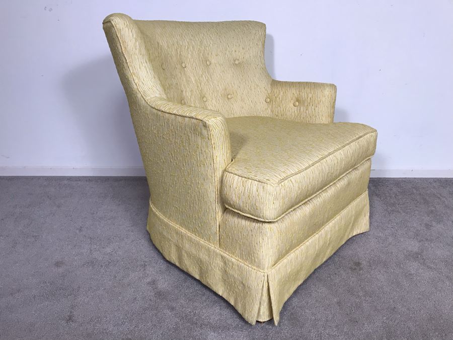 Newly Reupholstered Mid-Century Modern Tufted Armchair With Yellowish Gold Fabric (USNE) [Photo 4]