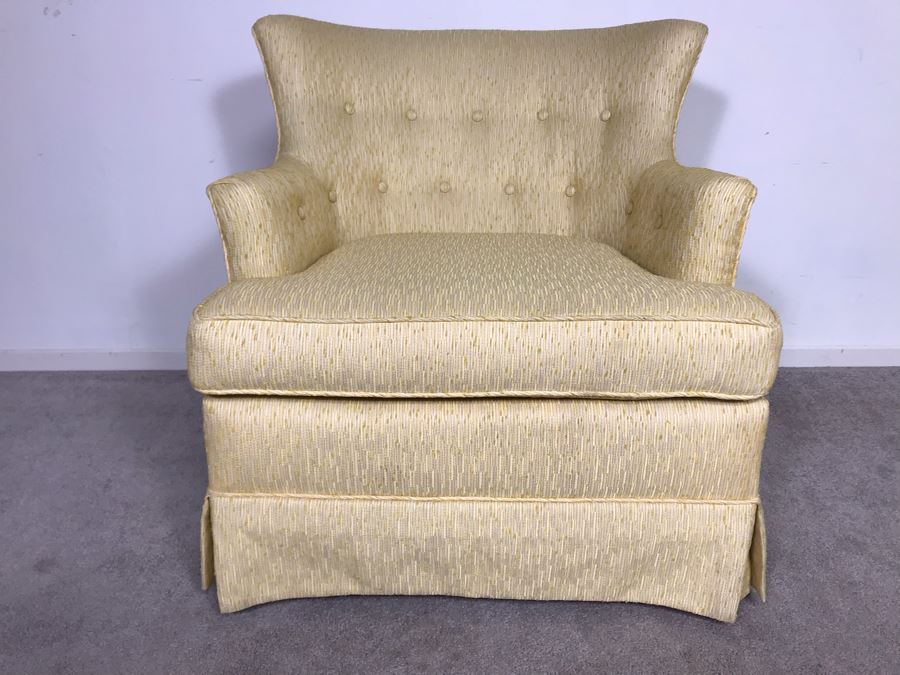 Newly Reupholstered Mid-Century Modern Tufted Armchair With Yellowish Gold Fabric (USNE)