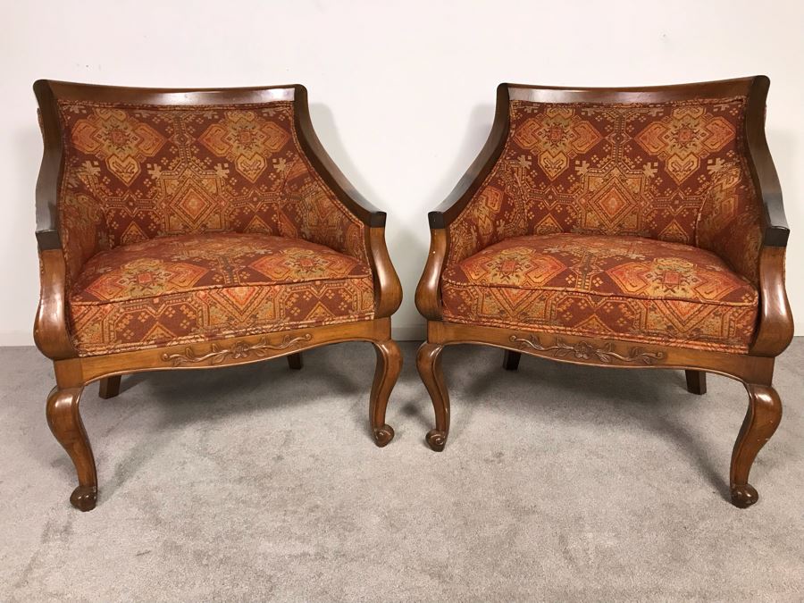Pair Of Regency Queen Anne Style Sloped Armchairs Upholstered In Orange And Brown Jacquard Fabric Circa 1970s 29.5W X 20D X 33.5H (USNE) [Photo 2]