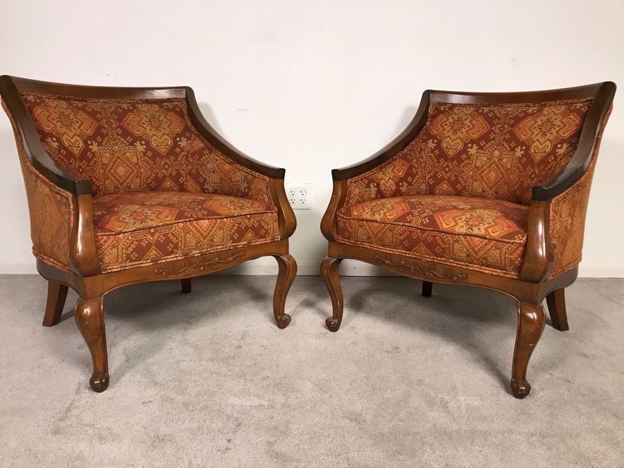 Pair Of Regency Queen Anne Style Sloped Armchairs Upholstered In Orange And Brown Jacquard Fabric Circa 1970s 29.5W X 20D X 33.5H (USNE) [Photo 4]