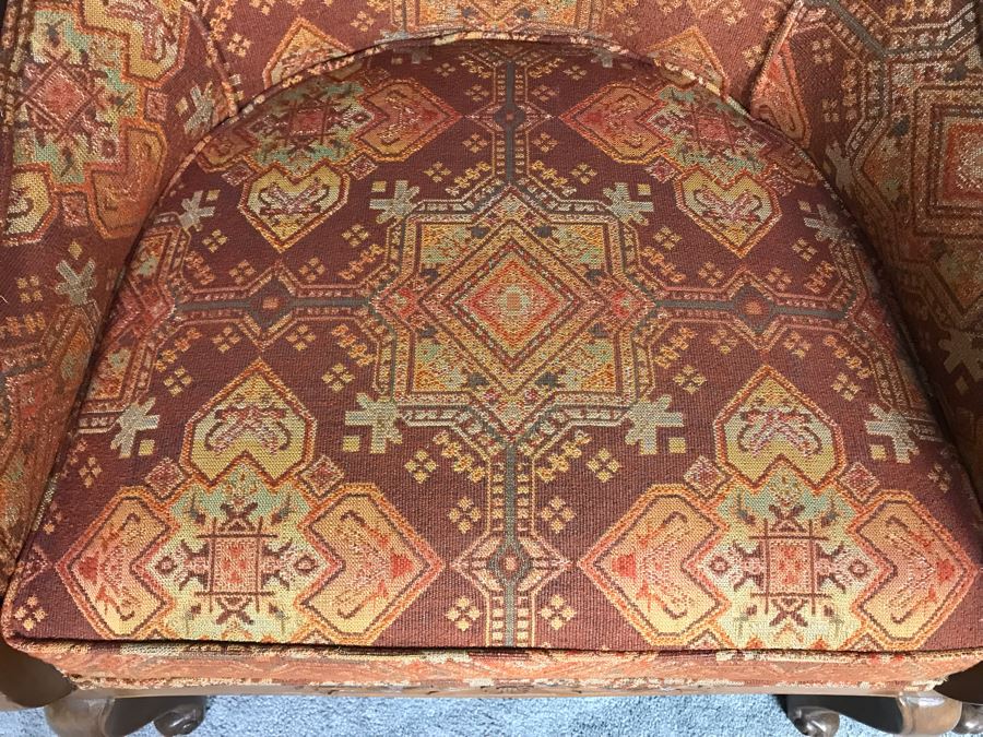 Pair Of Regency Queen Anne Style Sloped Armchairs Upholstered In Orange And Brown Jacquard Fabric Circa 1970s 29.5W X 20D X 33.5H (USNE) [Photo 11]