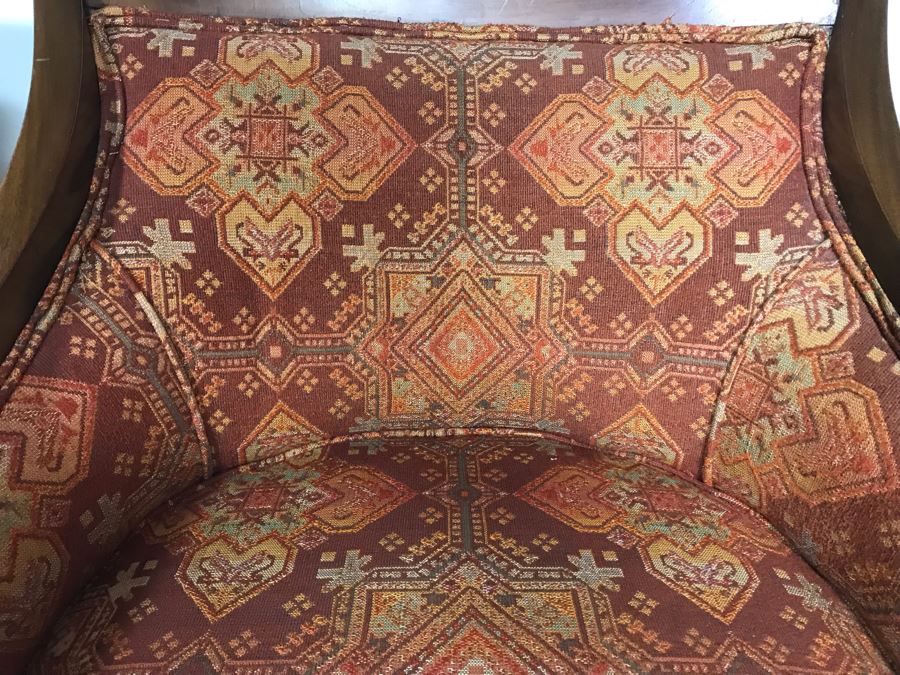 Pair Of Regency Queen Anne Style Sloped Armchairs Upholstered In Orange And Brown Jacquard Fabric Circa 1970s 29.5W X 20D X 33.5H (USNE) [Photo 12]