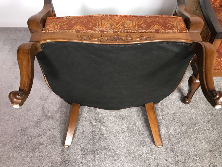 Pair Of Regency Queen Anne Style Sloped Armchairs Upholstered In Orange And Brown Jacquard Fabric Circa 1970s 29.5W X 20D X 33.5H (USNE) [Photo 13]