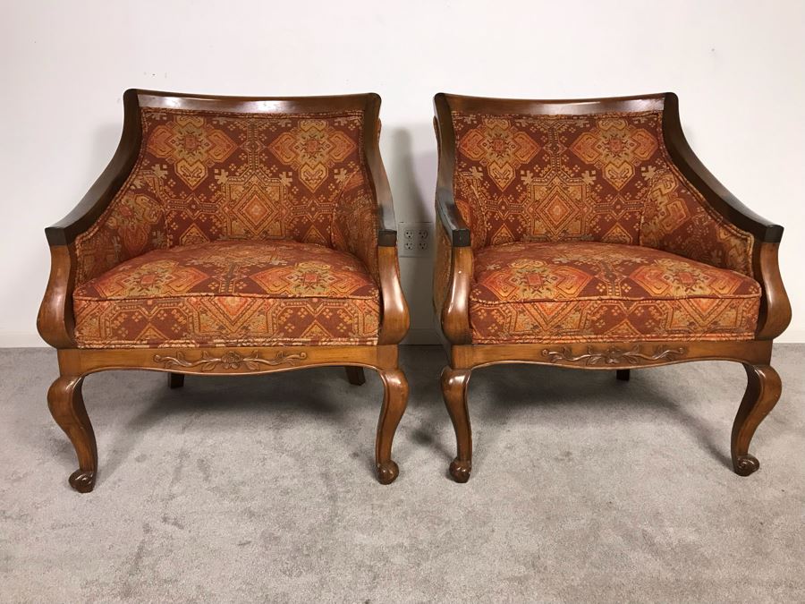 Pair Of Regency Queen Anne Style Sloped Armchairs Upholstered In Orange And Brown Jacquard Fabric Circa 1970s 29.5W X 20D X 33.5H (USNE) [Photo 8]