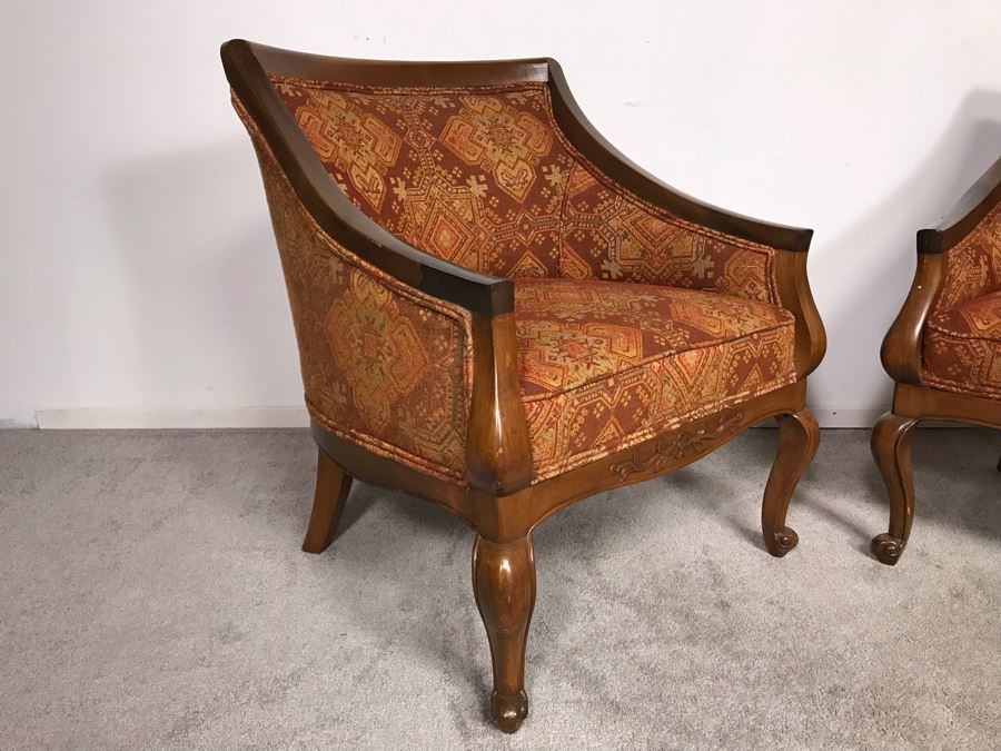 Pair Of Regency Queen Anne Style Sloped Armchairs Upholstered In Orange And Brown Jacquard Fabric Circa 1970s 29.5W X 20D X 33.5H (USNE) [Photo 5]