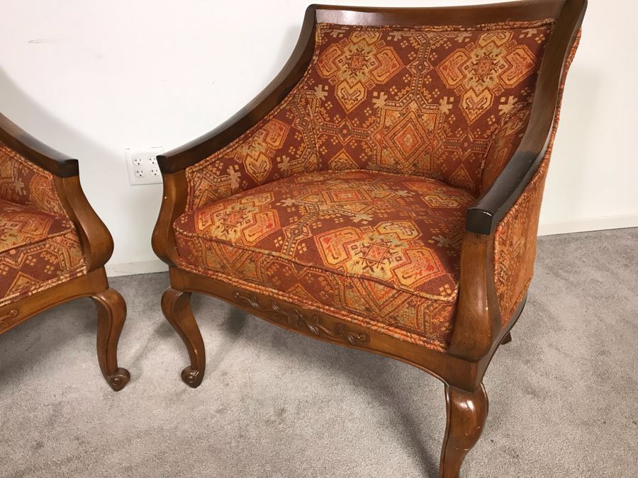 Pair Of Regency Queen Anne Style Sloped Armchairs Upholstered In Orange And Brown Jacquard Fabric Circa 1970s 29.5W X 20D X 33.5H (USNE) [Photo 6]
