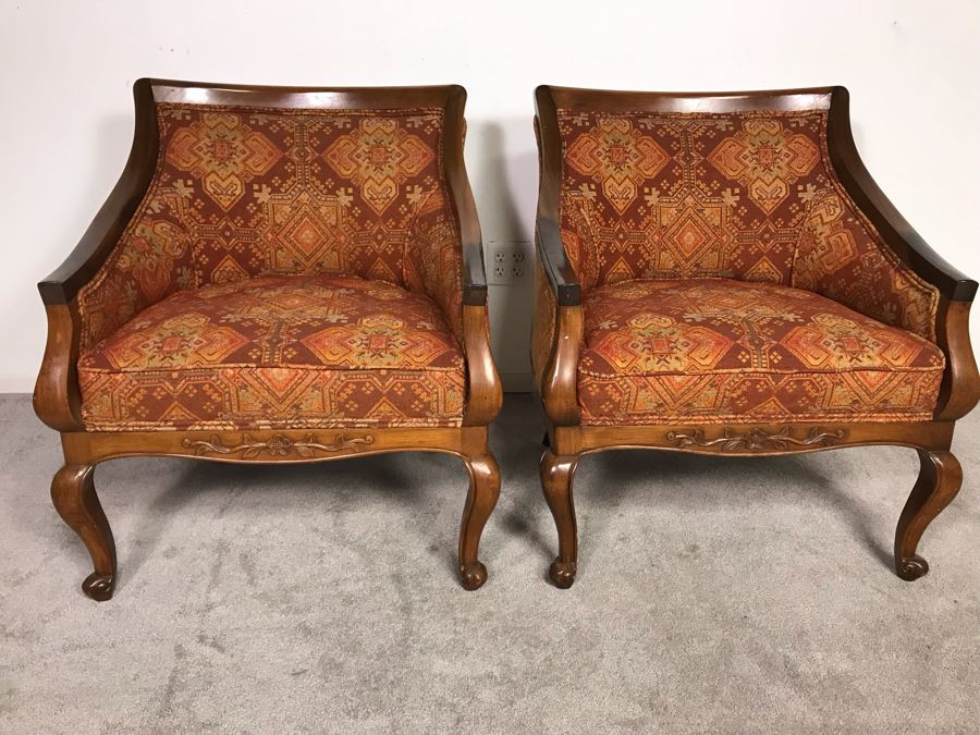Pair Of Regency Queen Anne Style Sloped Armchairs Upholstered In Orange And Brown Jacquard Fabric Circa 1970s 29.5W X 20D X 33.5H (USNE) [Photo 9]