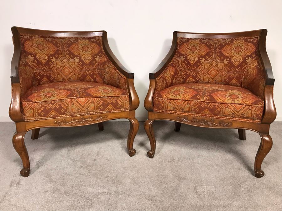 Pair Of Regency Queen Anne Style Sloped Armchairs Upholstered In Orange And Brown Jacquard Fabric Circa 1970s 29.5W X 20D X 33.5H (USNE) [Photo 3]