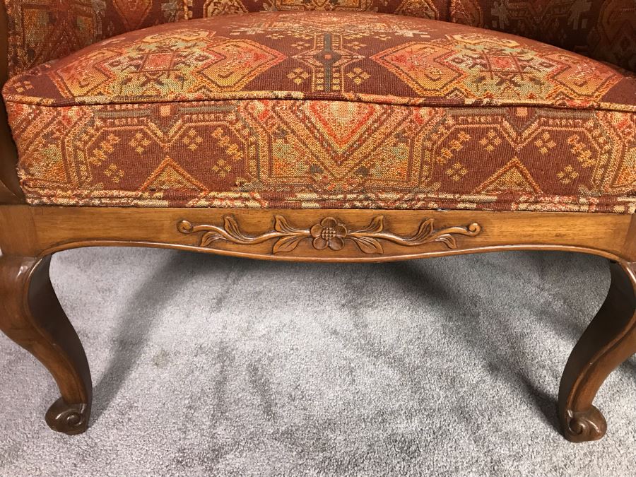 Pair Of Regency Queen Anne Style Sloped Armchairs Upholstered In Orange And Brown Jacquard Fabric Circa 1970s 29.5W X 20D X 33.5H (USNE) [Photo 10]