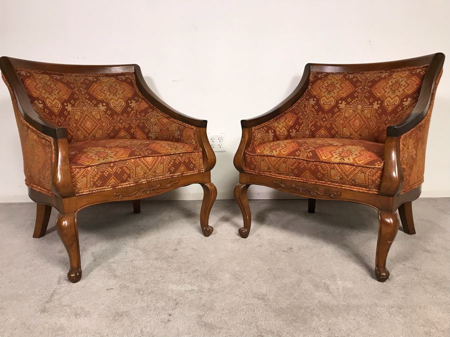 Pair Of Regency Queen Anne Style Sloped Armchairs Upholstered In Orange And Brown Jacquard Fabric Circa 1970s 29.5W X 20D X 33.5H (USNE)
