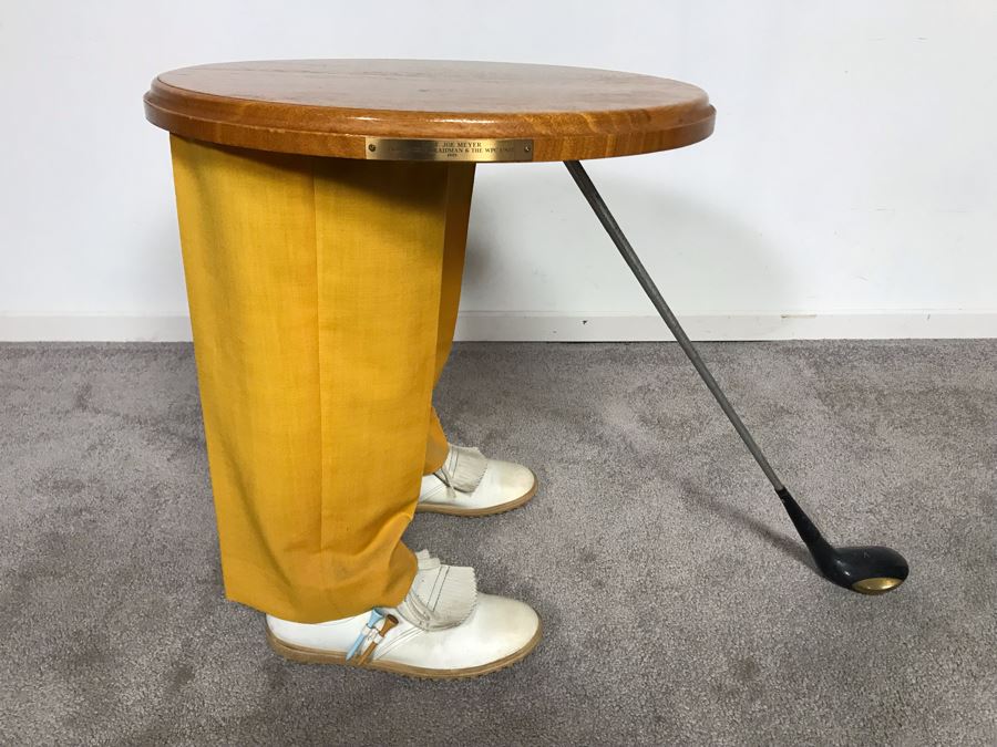 Custom Made Golfer Novelty Side Table Cocktail Table With Brass Plaque 'Capt Joe Meyer From Nickie Braidman & The WPC Unit 1993' 30W X 18D X 20H