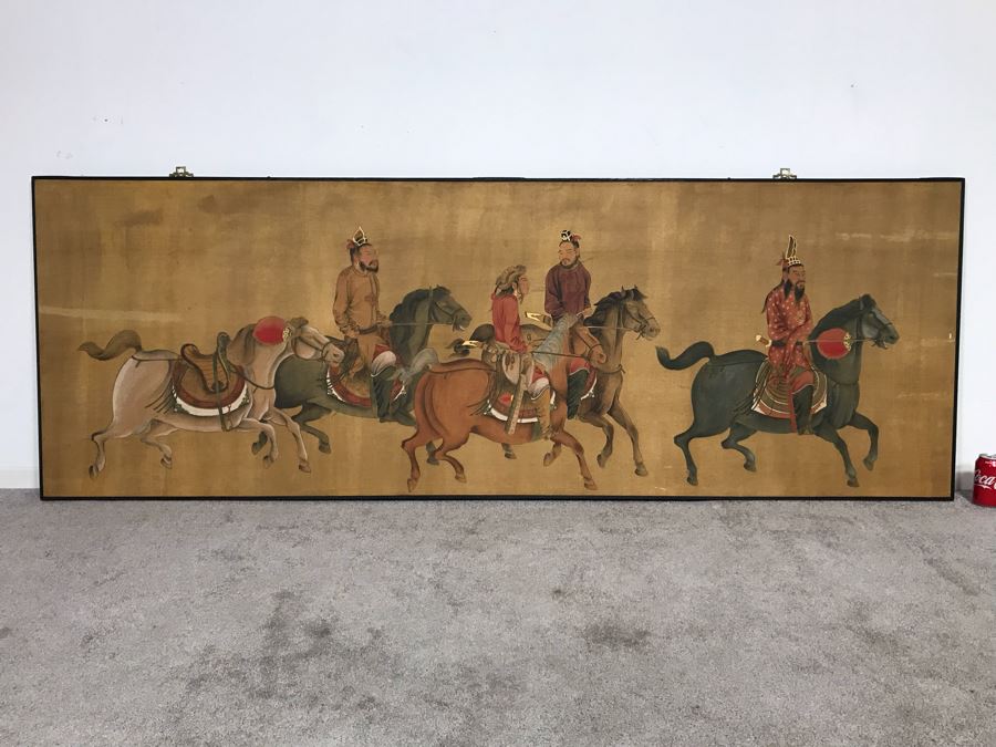 Large Original Ma Hai Feng Painting Chinese Hong Kong Hand Sculptured And Hand Painted Titled 'Horsemen' Hai Feng Wood Arts Signed By Hai Feng With Certificate Of Authenticity On Back 88W X 33H (USNE) [Photo 1]