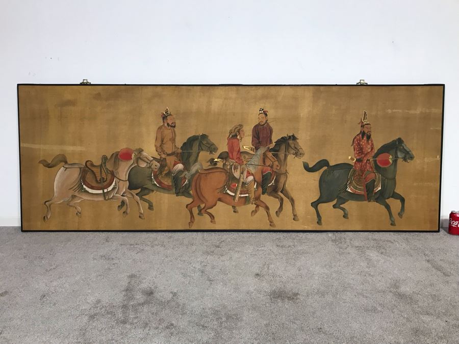 Large Original Ma Hai Feng Painting Chinese Hong Kong Hand Sculptured And Hand Painted Titled 'Horsemen' Hai Feng Wood Arts Signed By Hai Feng With Certificate Of Authenticity On Back 88W X 33H (USNE) [Photo 2]