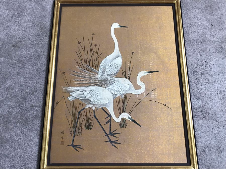 Original Tempera Painting By Mi Chou Titled 'Egrets' In Gilt Wood Frame 34 X 44 (USNE) [Photo 3]