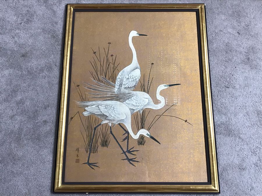 Original Tempera Painting By Mi Chou Titled 'Egrets' In Gilt Wood Frame 34 X 44 (USNE) [Photo 2]