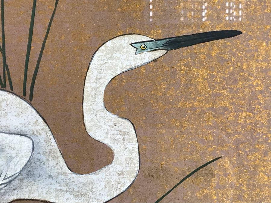 Original Tempera Painting By Mi Chou Titled 'Egrets' In Gilt Wood Frame 34 X 44 (USNE) [Photo 5]