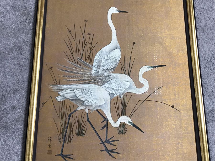 Original Tempera Painting By Mi Chou Titled 'Egrets' In Gilt Wood Frame 34 X 44 (USNE) [Photo 4]