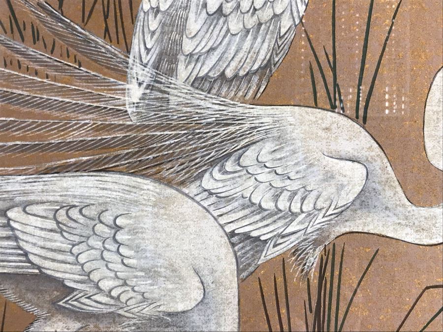 Original Tempera Painting By Mi Chou Titled 'Egrets' In Gilt Wood Frame 34 X 44 (USNE) [Photo 6]