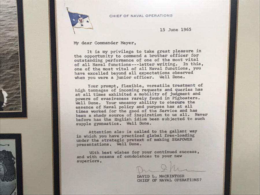 Framed B&W USN Submarine Photographs, Signed Letter From Chief Of Naval Operations And USN USS Kawishiwi Certificate From USN Captain Joseph J. Meyer Jr. United States Navy Submarine Commanding Officer (Slight Chip In Glass Upper Left) 37 X 20 [Photo 5]