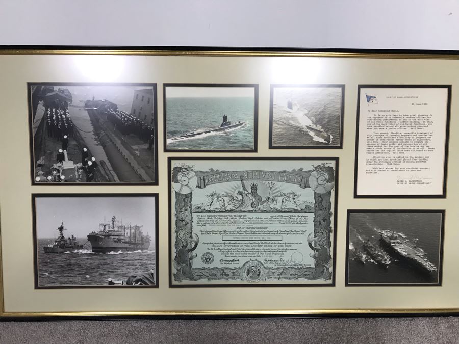 Framed B&W USN Submarine Photographs, Signed Letter From Chief Of Naval Operations And USN USS Kawishiwi Certificate From USN Captain Joseph J. Meyer Jr. United States Navy Submarine Commanding Officer (Slight Chip In Glass Upper Left) 37 X 20 [Photo 2]