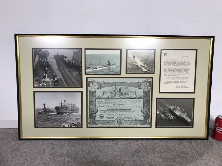 Framed B&W USN Submarine Photographs, Signed Letter From Chief Of Naval Operations And USN USS Kawishiwi Certificate From USN Captain Joseph J. Meyer Jr. United States Navy Submarine Commanding Officer (Slight Chip In Glass Upper Left) 37 X 20