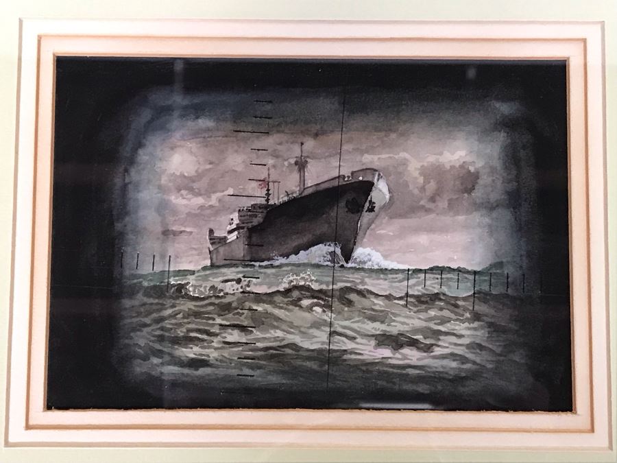 Original Oak Framed USN Watercolor Painting Of Ship Viewed Through Submarine Periscope 8 X 5.5 (USNE) [Photo 3]