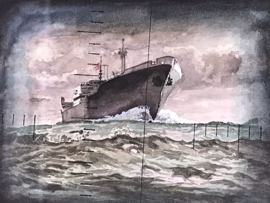 Original Oak Framed USN Watercolor Painting Of Ship Viewed Through Submarine Periscope 8 X 5.5 (USNE) [Photo 4]
