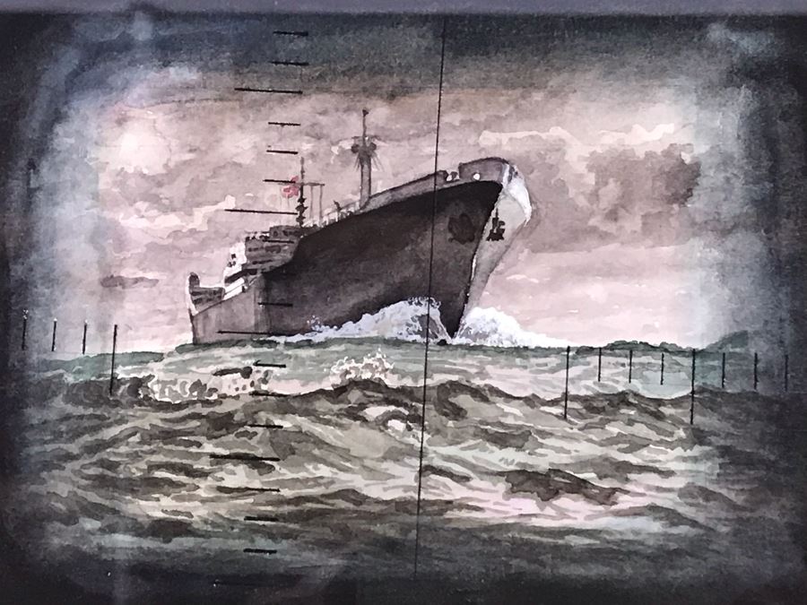 Original Oak Framed USN Watercolor Painting Of Ship Viewed Through Submarine Periscope 8 X 5.5 (USNE) [Photo 5]