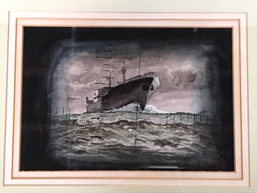 Original Oak Framed USN Watercolor Painting Of Ship Viewed Through Submarine Periscope 8 X 5.5 (USNE)