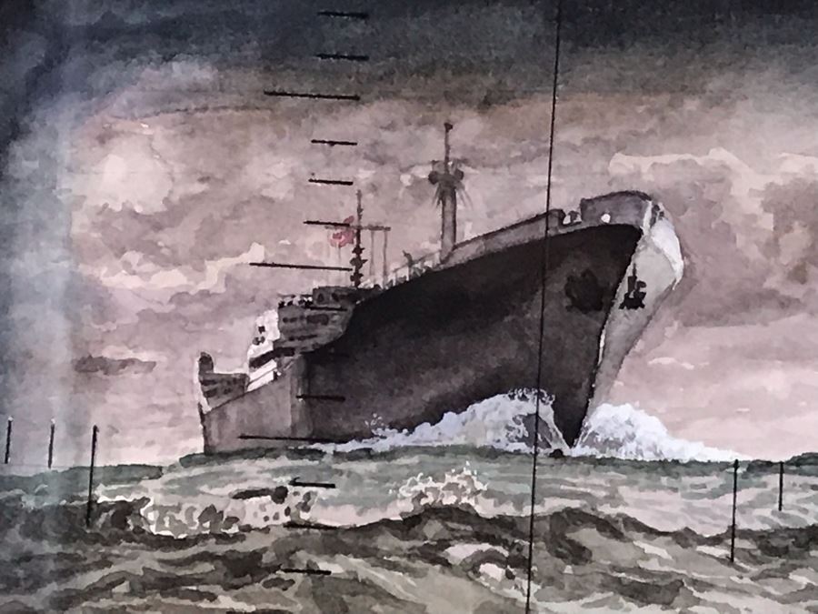Original Oak Framed USN Watercolor Painting Of Ship Viewed Through Submarine Periscope 8 X 5.5 (USNE) [Photo 6]