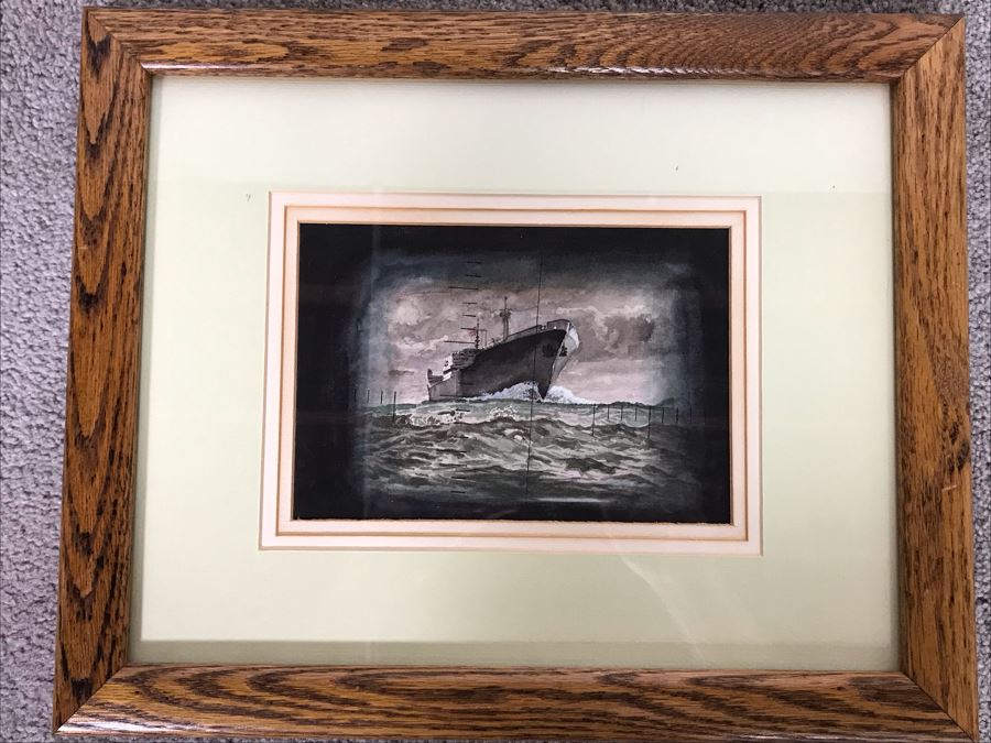 Original Oak Framed USN Watercolor Painting Of Ship Viewed Through Submarine Periscope 8 X 5.5 (USNE) [Photo 2]